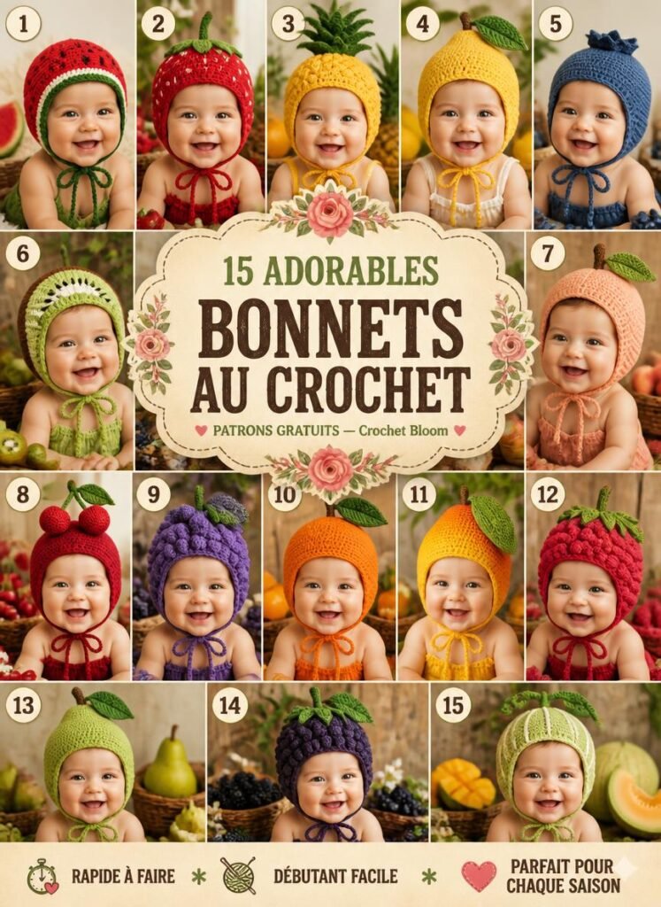 Bonnets crochet fruits