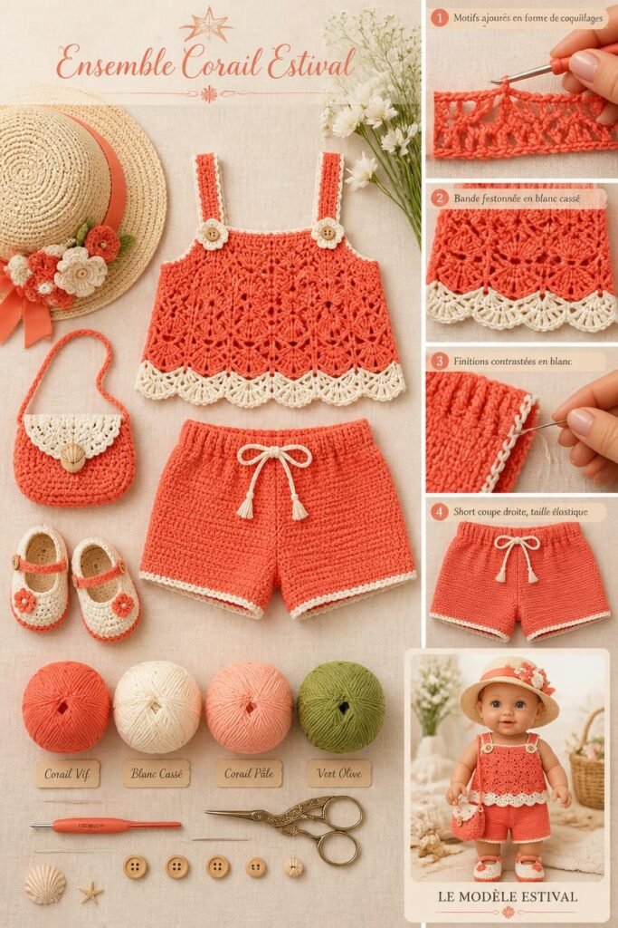 Ensemble haut et short bébé au crochet corail avec motif coquillage