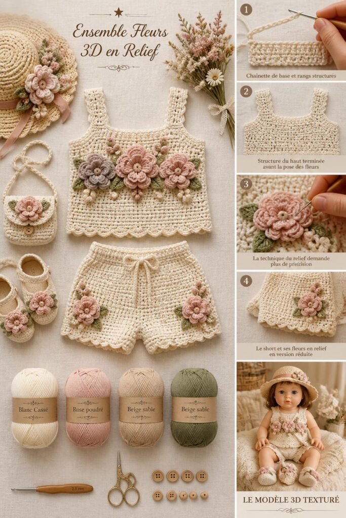 Ensemble haut et short bébé au crochet avec fleurs 3D en relief