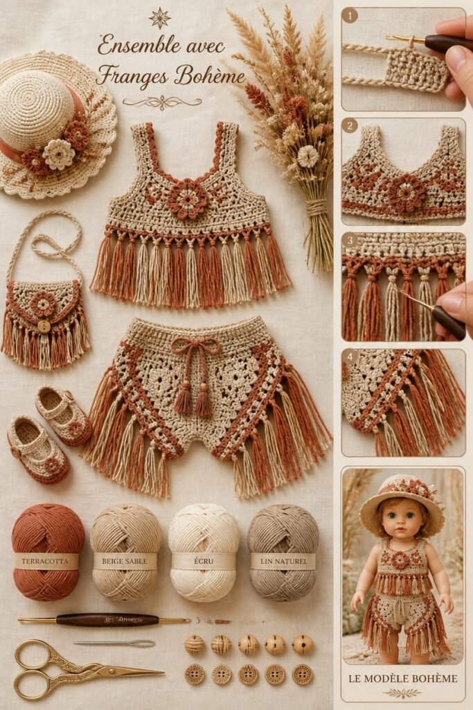 Ensemble haut et short bébé au crochet avec franges style bohème