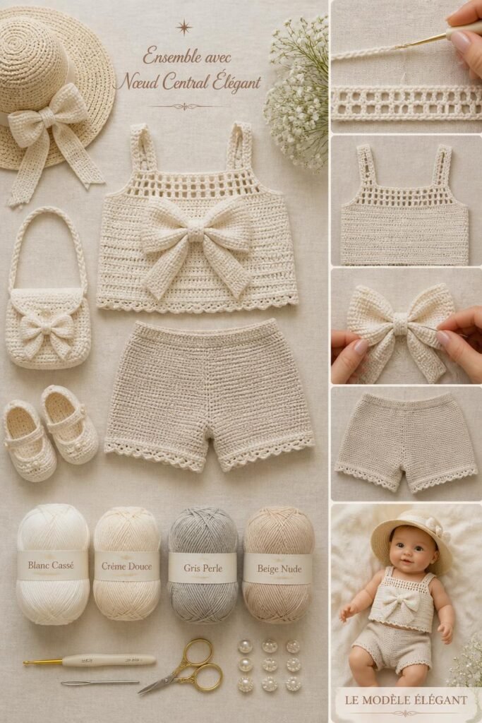 Ensemble haut et short bébé au crochet avec grand nœud central