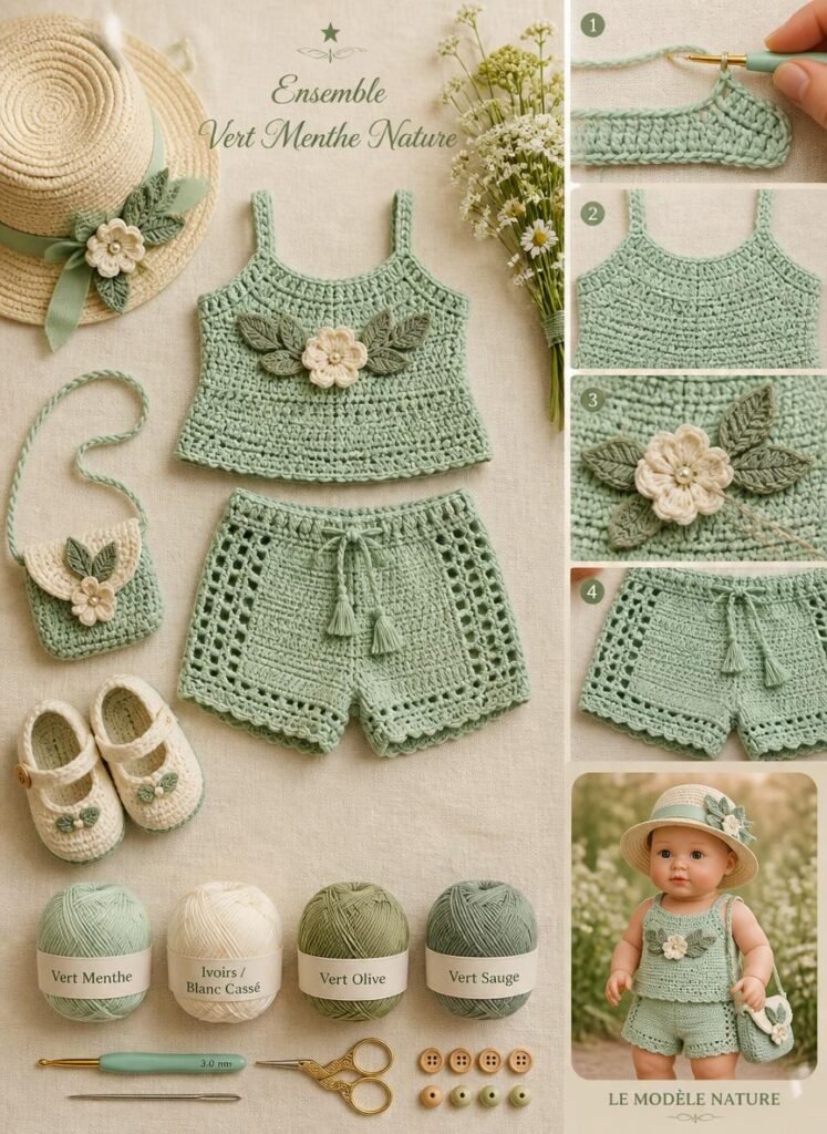 Ensemble haut et short bébé au crochet vert menthe avec feuilles et fleur ivoire