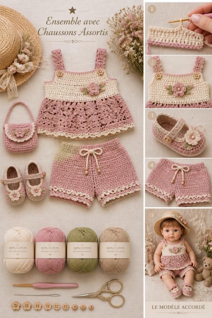 Ensemble haut et short bébé au crochet avec chaussons assortis