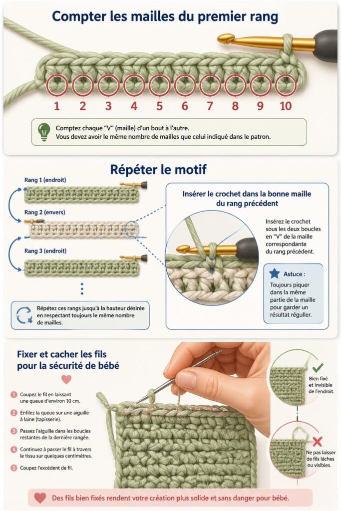 Guide pour monter la chainette, compter les mailles et répéter le motif au crochet : infographie étape par étape
