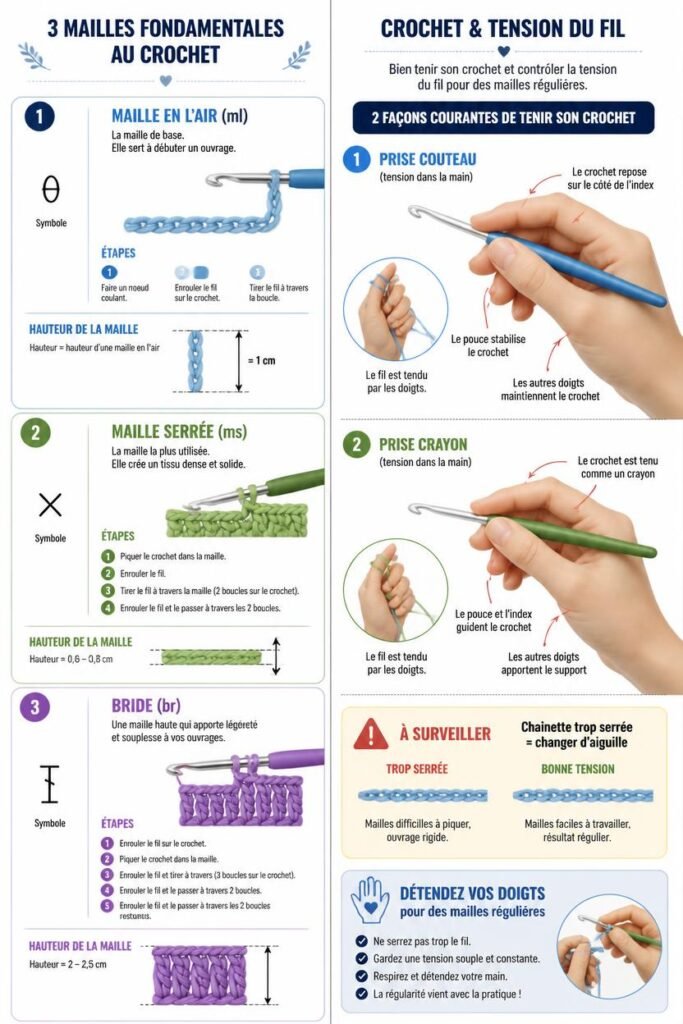 Guide des points de base au crochet : infographie explicative pour apprendre la maille en l'air, maille serrée et bride