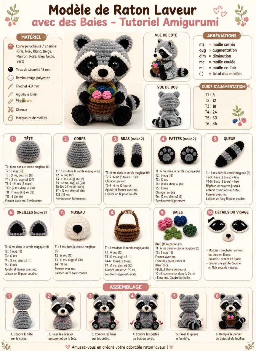 Tutoriel modèle raton laveur au crochet patron gratuit amigurumi facile