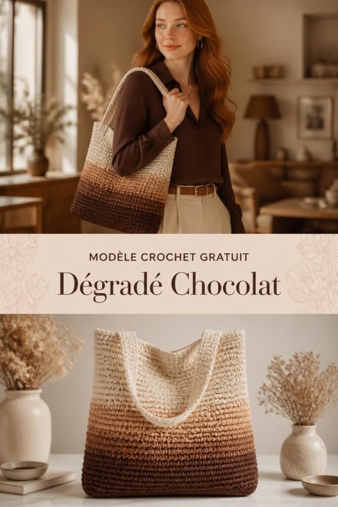 Cabas crochet dégradé beige chocolat, sac de luxe fait main