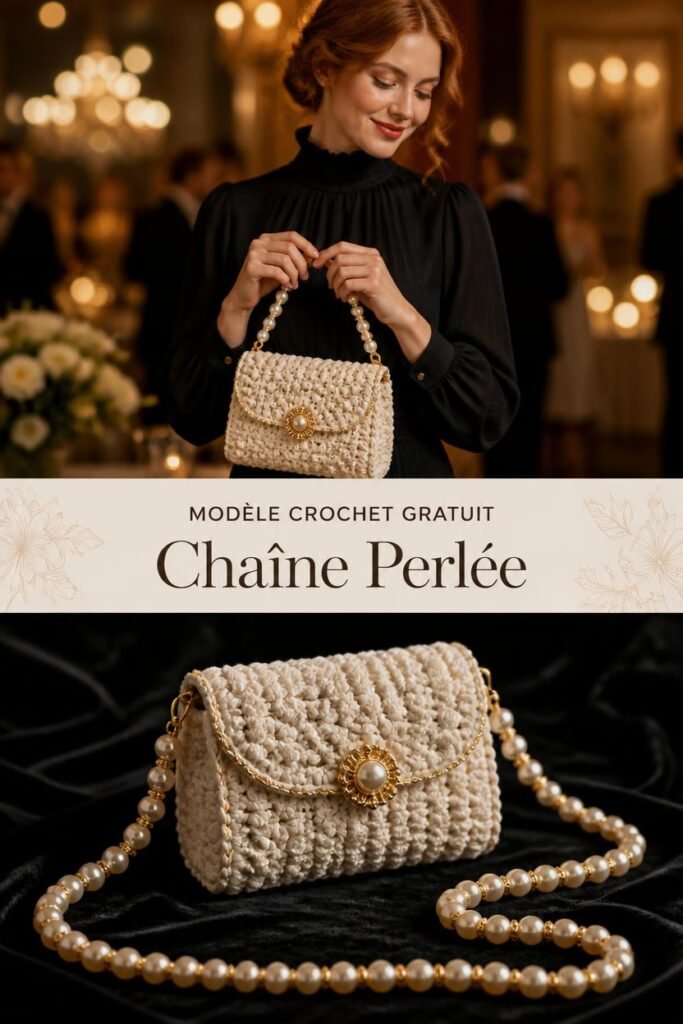 Sac de soirée en crochet avec chaîne fine perlée haute couture