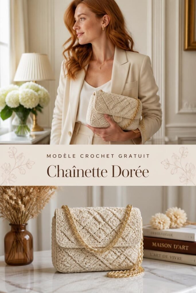 Sac au crochet matelassé beige avec chaînette dorée, style parisien élégant