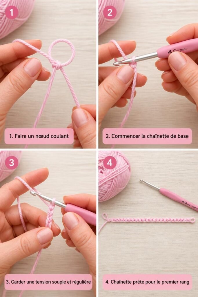 Tuto couverture bébé au crochet : étape 1, faire un nœud coulant et la chainette de base