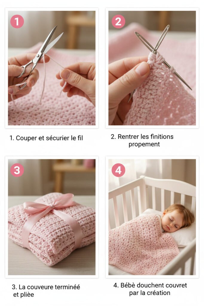 Tuto couverture bébé au crochet : étape 4, finitions de la couverture et résultat avec bébé endormi